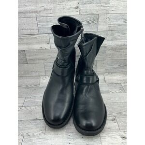 Born‎ Black Leather Buckle Moto Biker Boots Women Size 8 M Side Zip